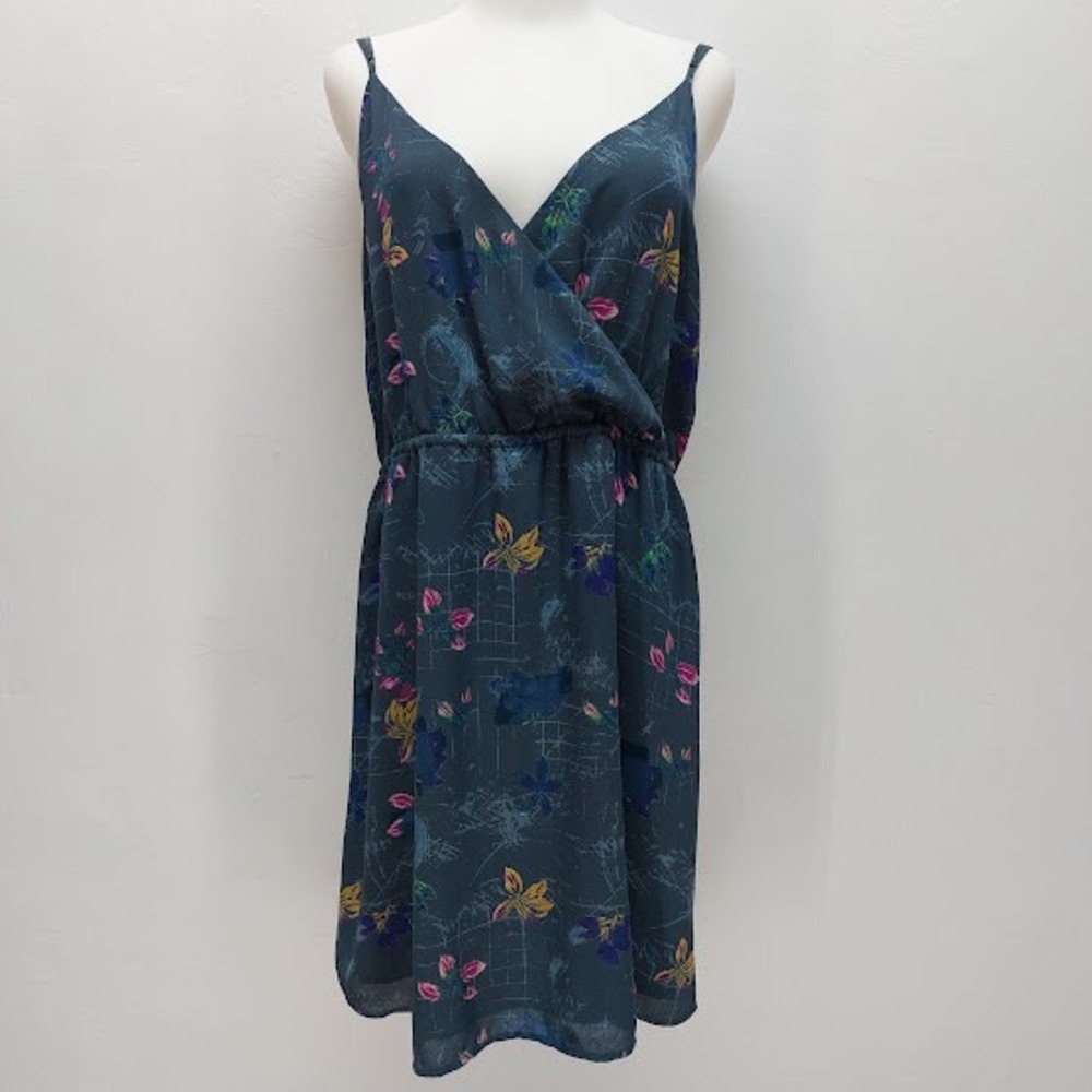 Babaton Wrap Dress Women's Large Blue Floral Abstract Midi Spaghetti Strap Boho